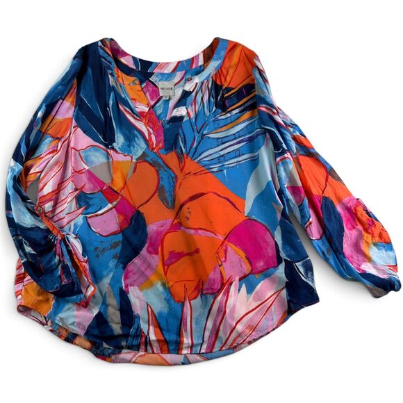 NIC+ZOE Tops - nic+zoe tropical floral blouse roll tab sleeves split neck boho colorful size m